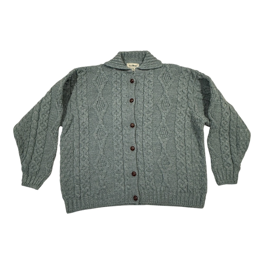 Vintage LL Bean Cardigan XL Blue Wool Cable Knit Sweater Fishermen Ireland Heavy